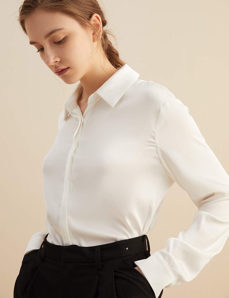 Escalier Women's Satin Silk Long Sleeve Button Down Shirt Casual Work Office Silky Blouse Top White XL - Image 5
